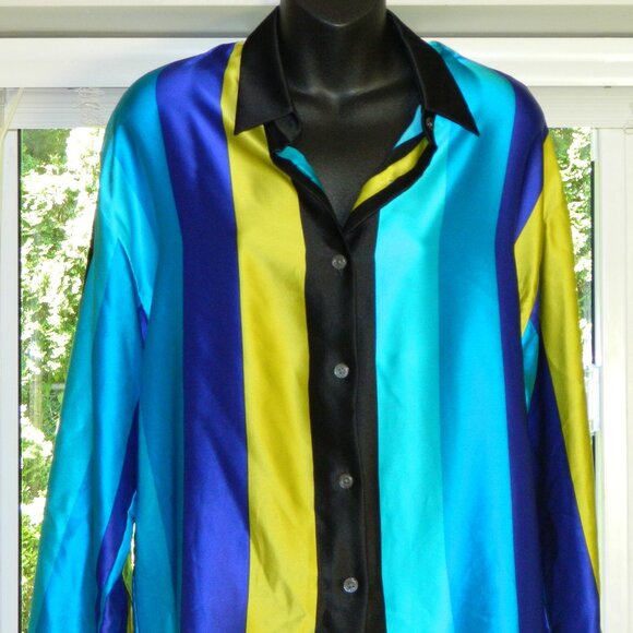 3 for/$30 Linda Allard Ellen Tracy Vintage Striped 100% Silk Blouse Size 12P - Picture 2 of 11